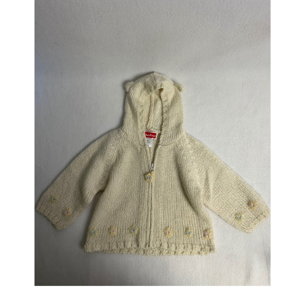 Cottagecore Fisher-Price Baby 6M Cream Wool Blend Bear Ear Floral Knit Cardigan